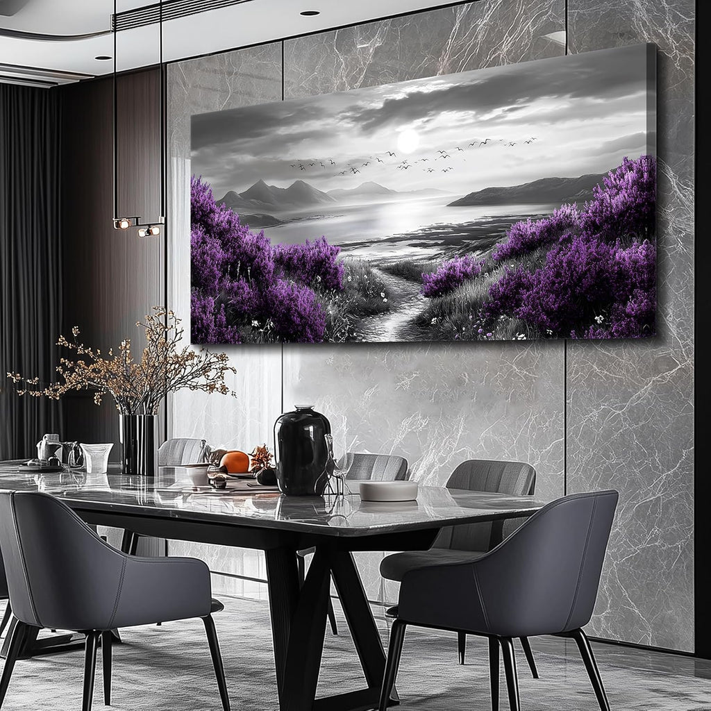 FUHAIHUA Canvas Wall Decor for Office Large Wall Art for Living Room Modern Bedroom Wall Decoration Purple Flowers Landscape Pictures Black and White Scenery Paintings Artwork Aesthetic Home Decor