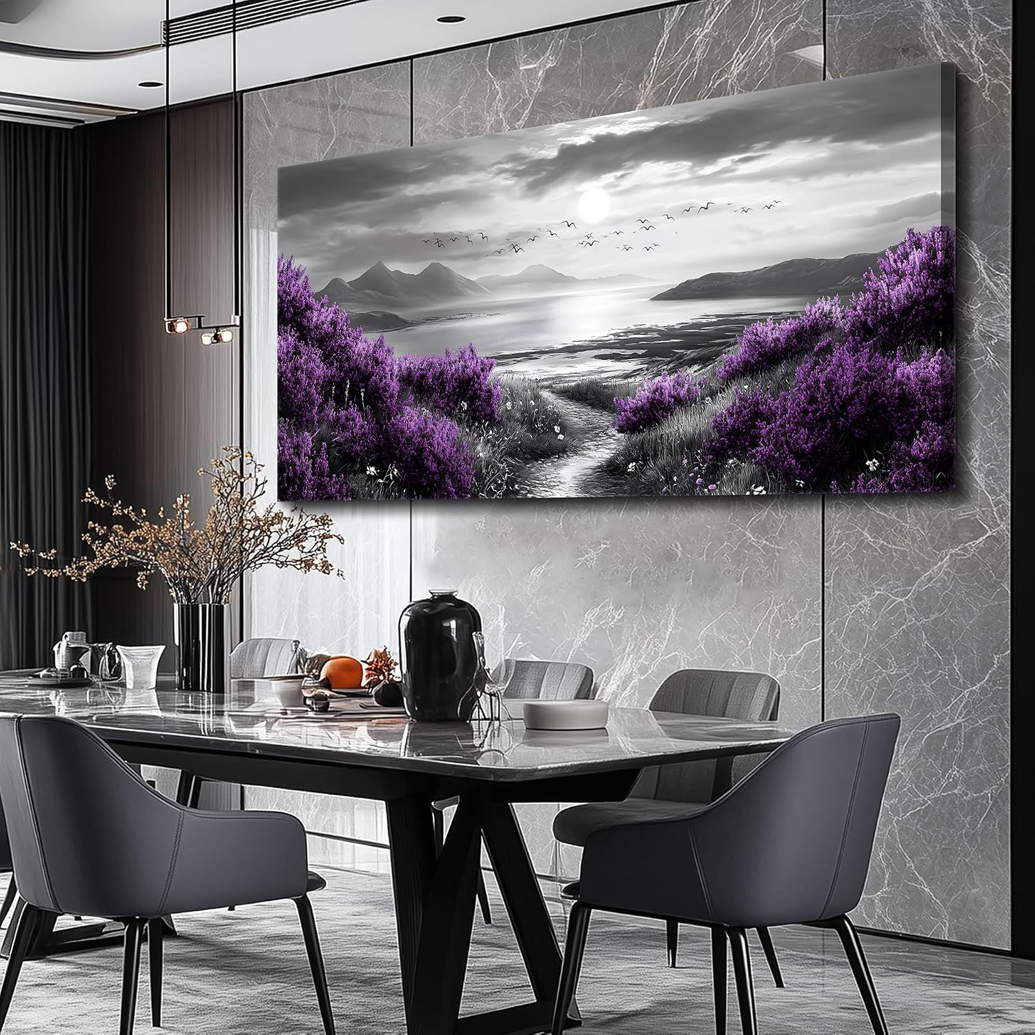 FUHAIHUA Canvas Wall Decor for Office Large Wall Art for Living Room Modern Bedroom Wall Decoration Purple Flowers Landscape Pictures Black and White Scenery Paintings Artwork Aesthetic Home Decor