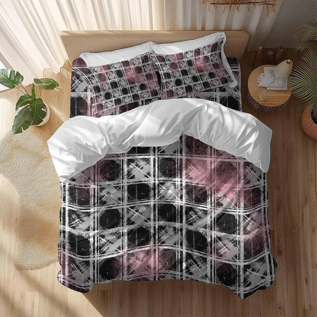 Tartan Duvet Cover Set Queen Size 4 Pieces Scottish Plaid Gray White Stripes Black Plaid Artistic Bedding Set with Zipper Closure, 1 Comforter Cover 92x106 Inches 1 Flat Sheet & 2 Pillow Cases