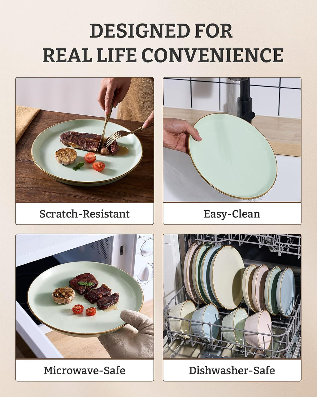 Famiware Saturn Plates and Bowls Dish Sets for 6 (18 Pieces), Stoneware Dinnerware Set with Hand-Painted Trim - Chip & Scratch Resistant, Microwave & Dishwasher Safe Ceramic Dishes, Light Green
