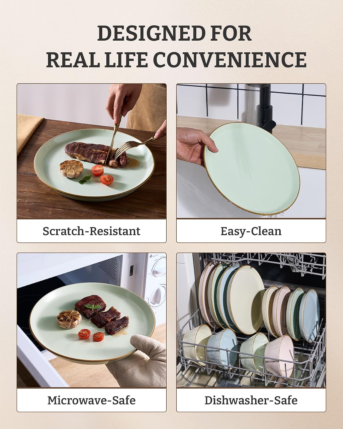 Famiware Saturn Plates and Bowls Dish Sets for 6 (18 Pieces), Stoneware Dinnerware Set with Hand-Painted Trim - Chip & Scratch Resistant, Microwave & Dishwasher Safe Ceramic Dishes, Light Green