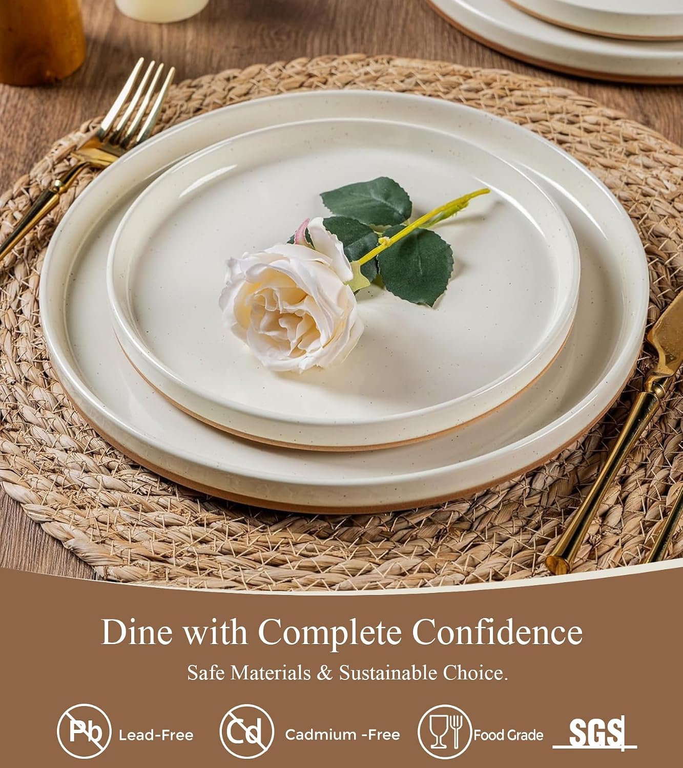 AmorArc Ceramic Dinnerware Set for 8 | Speckled Stoneware Plates and Bowls with Rustic Terracotta Underside| Scratch Resistant,Dishwasher & Microwave Safe Dishes Sets- 24pcs