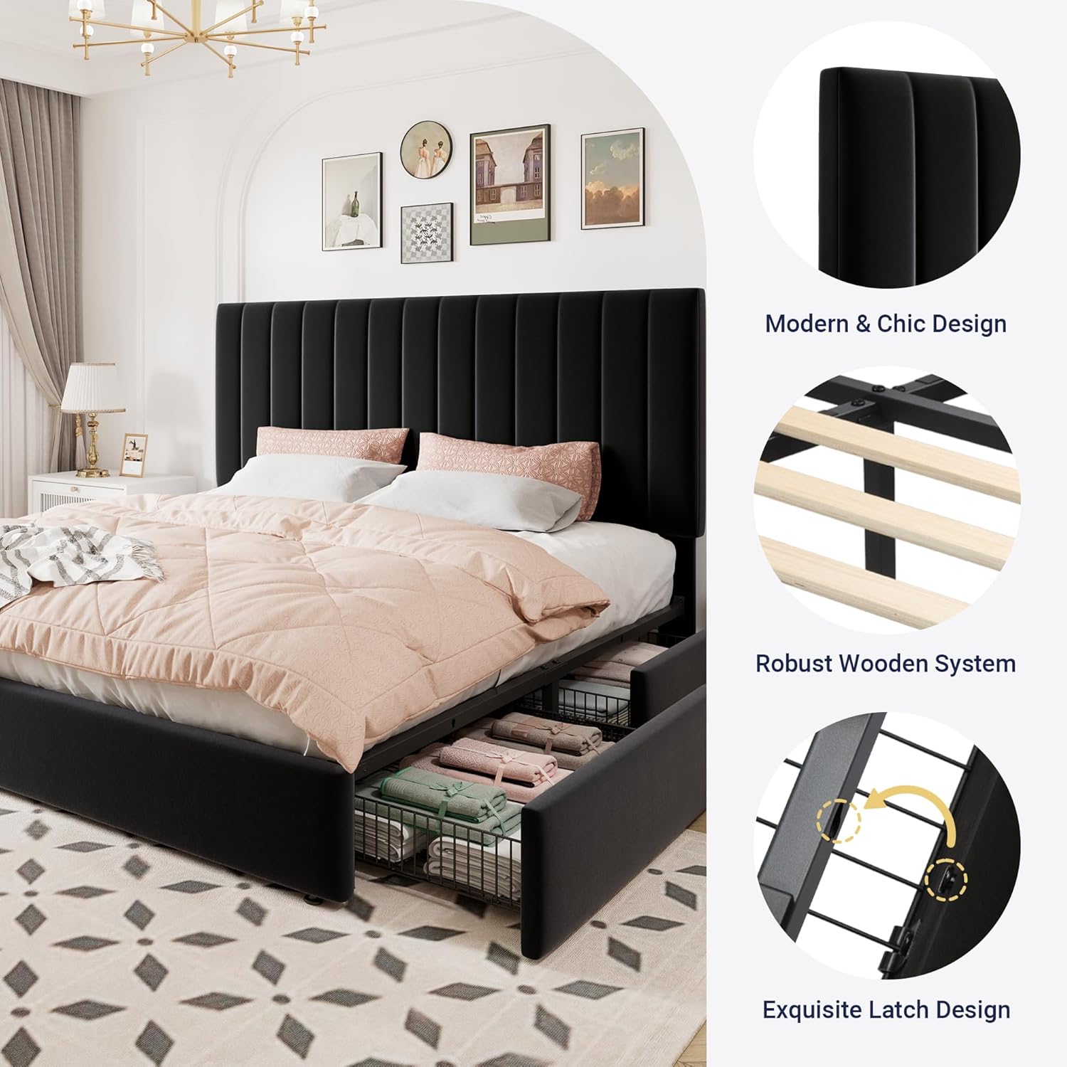 Allewie King Size Storage Bed Frame, Vertical Channel Tufted Adjustable Headboard, Velvet Upholstered Platform Bed with 4 Oversized Underbed Drawers, Wooden Slats Support, No Box Spring Needed, Black