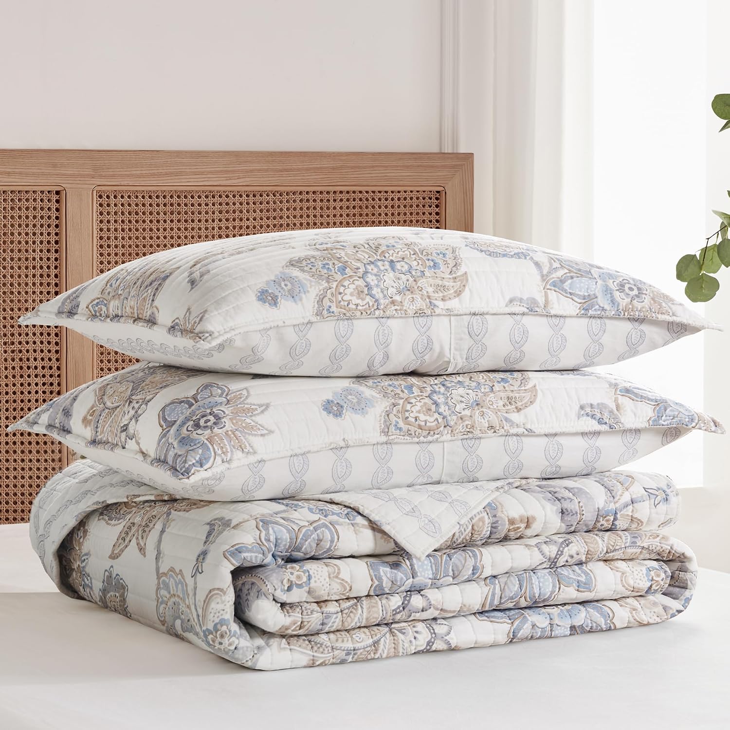 Levtex Home - Selesta Blue Quilt Set - Twin Quilt and One Standard Sham - Floral - Blue Taupe Grey - Quilt (68x86in.) and Sham (20x26in.) - Reversible - Cotton