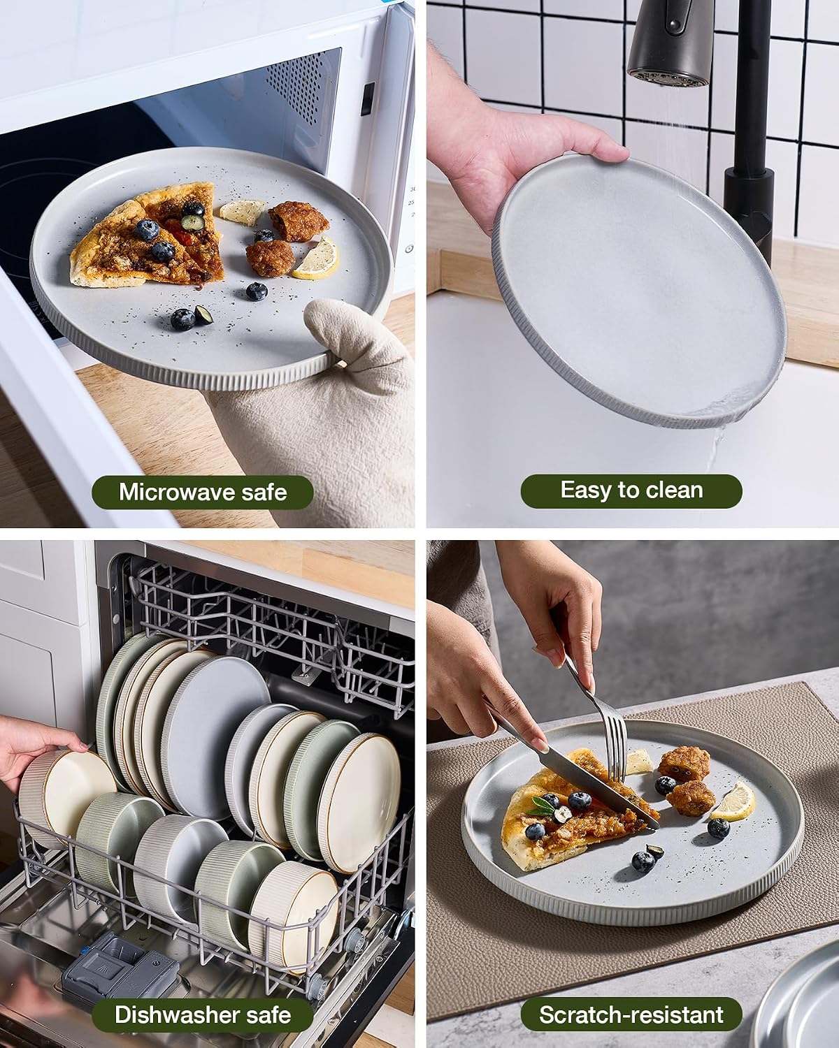 Famiware Star 24-Piece Reactive Glaze Plates and Bowls Sets, Service for 8 - Stoneware Dinnerware Set, High Edge Ribbed Dishes, Chip & Scratch Resistant, Microwave & Dishwasher Safe, Matte Gray