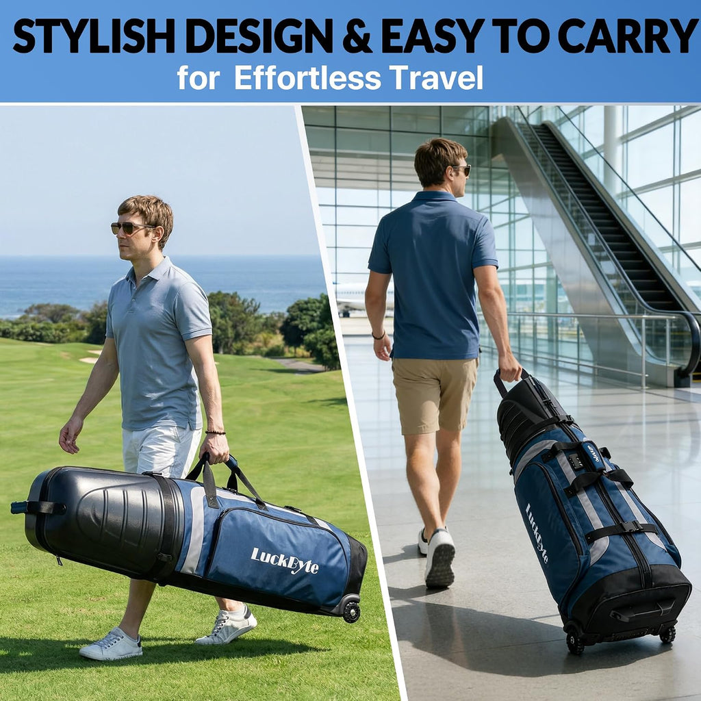 Golf Travel Bag for Airlines, Hard Shell Top Golf Travel Case with Wheels, Heavy Duty 1680D Oxford Fabric, Reinforced Base, Oversized Tank Wheels, Built-in TSA Lock, Water-Resistant Zippers