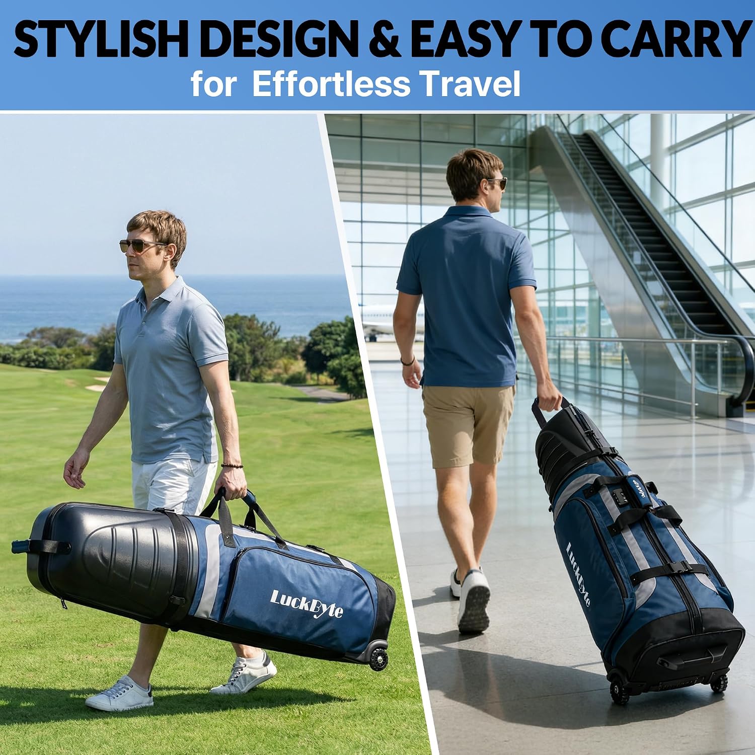Golf Travel Bag for Airlines, Hard Shell Top Golf Travel Case with Wheels, Heavy Duty 1680D Oxford Fabric, Reinforced Base, Oversized Tank Wheels, Built-in TSA Lock, Water-Resistant Zippers