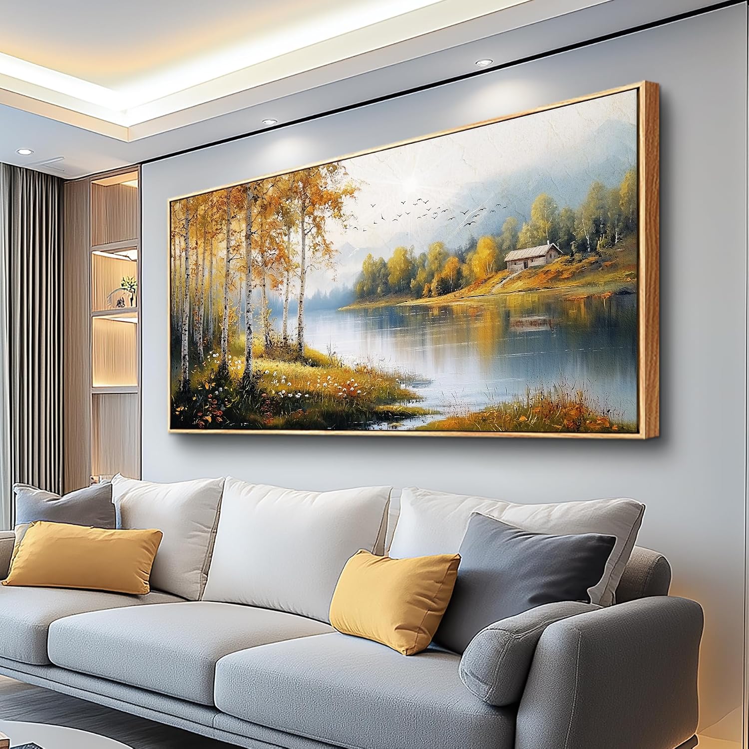 ERQINHUA Large Canvas Wood Framed Wall Art Living Room Wall Decor For Bedroom Forest Landscape Painting Lakeside Watercolour Wall Pictures Artwork Picture Office Farmhouse Home Decorations 24x48 In