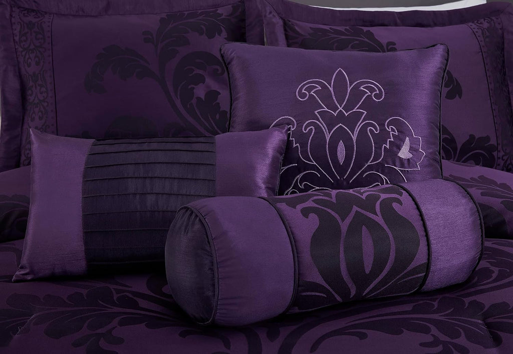 Chezmoi Collection Royale 7-Piece Jacquard Floral Comforter Set, Oversized Queen, Purple/Dark Purple