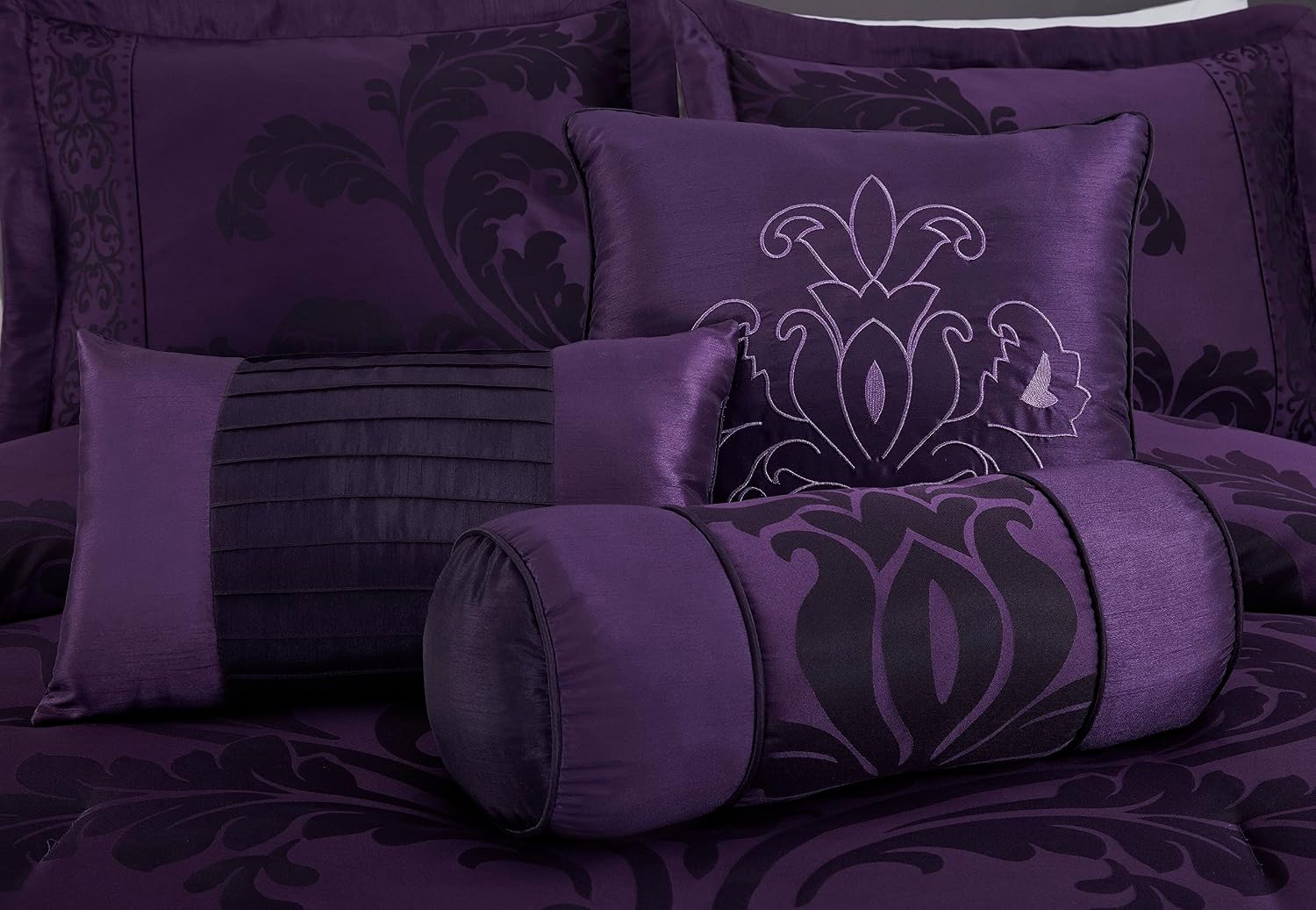 Chezmoi Collection Royale 7-Piece Jacquard Floral Comforter Set, Oversized Queen, Purple/Dark Purple