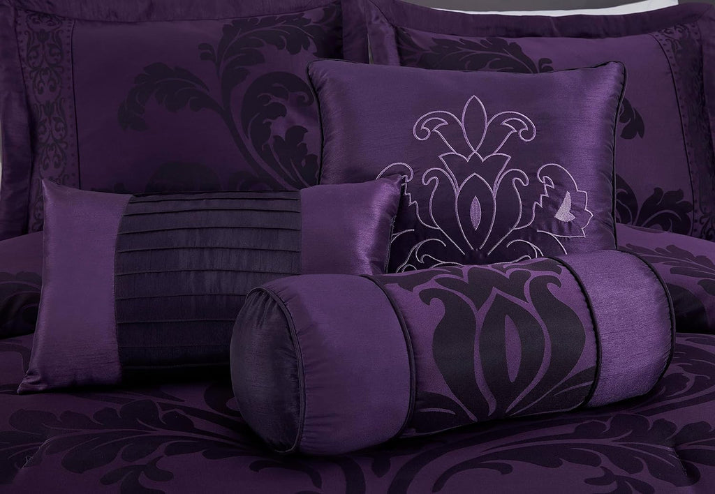 Chezmoi Collection Royale 7-Piece Jacquard Floral Comforter Set, Oversized King, Purple/Dark Purple