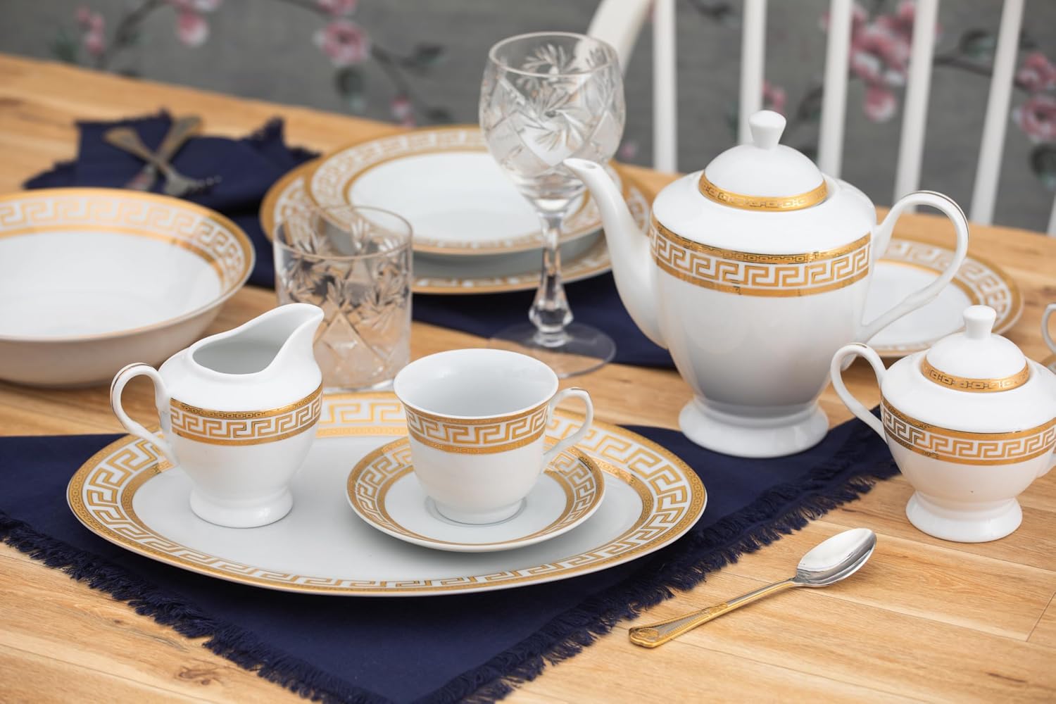 Vintage Dinnerware Set for 8-57 Piece Porcelain Dining Set - Gorgeous White and Gold Greek Key Design - Plates, Bowls, Cups and Saucers - For Everyday Use and Special Events (Meander Gold 2057)