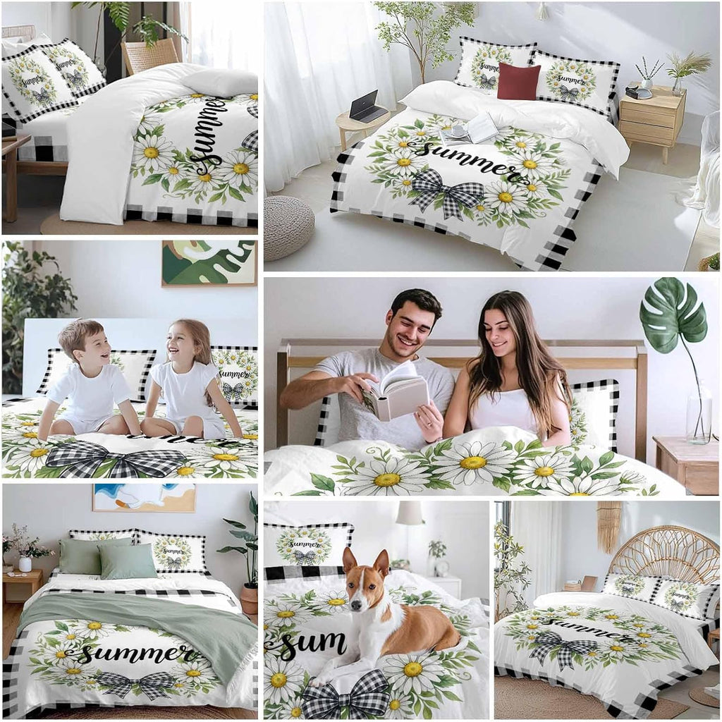 Prime Leader White Flowers Duvet Cover Set Queen Size 4 Pieces Daisy Plaid Bow Green Leaf Summer Striped Bedding Set with Zipper Closure, 1 Comforter Cover 90x92 Inches 1 Flat Sheet & 2 Pillow Cases