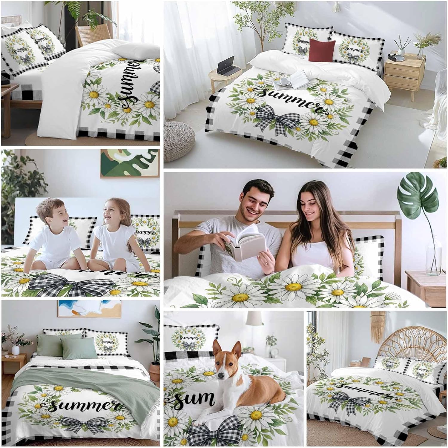 Prime Leader White Flowers Duvet Cover Set Queen Size 4 Pieces Daisy Plaid Bow Green Leaf Summer Striped Bedding Set with Zipper Closure, 1 Comforter Cover 90x92 Inches 1 Flat Sheet & 2 Pillow Cases