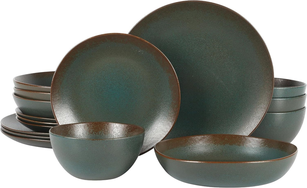 Bloomhouse - Two Time Oprah's Favorite Things Winner - Palermo Sun Double Bowl Stoneware Reactive Glaze Plates and Bowls Dinnerware Set - Agave Blue, Service for Four (16pcs)