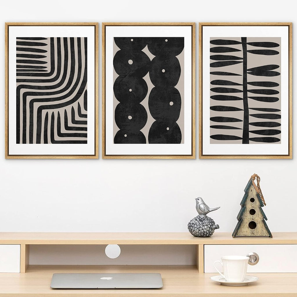 SIGNLEADER Framed Canvas Print Wall Art Set Geometric Black Paint Stroke Patterns Abstract Shapes Illustrations Modern Art Decorative Contemporary for Living Room, Bedroom, Office - 16'x24'x3 NATURAL