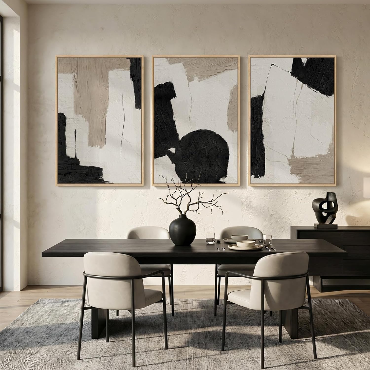 Large Framed Abstract Neutral Wall Art for Living Room, 3 Piece Black and White Beige Modern Canvas Prints Artwork for Walls, Minimalist Mid Century Painting Wall Decor Hallway Dining Room, 24x36 Inch