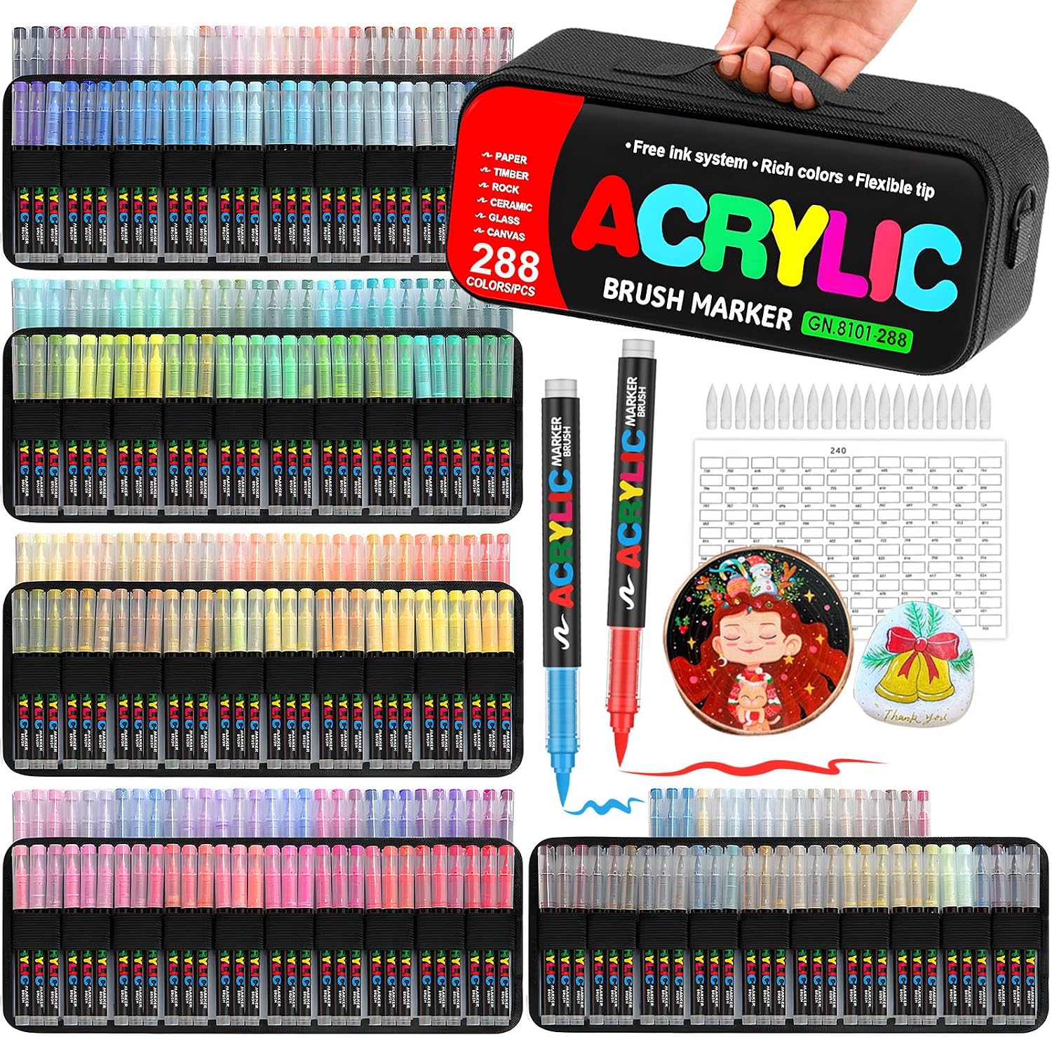 288 Colors Acrylic Paint Markers with Automatic Ink Control System, Soft Brush Tip Acrylic Markers for Paper, Rock, Wood, Canvas, Glass and Ceramic Art Supplies, Paint Pens & Paint Markers with Bag