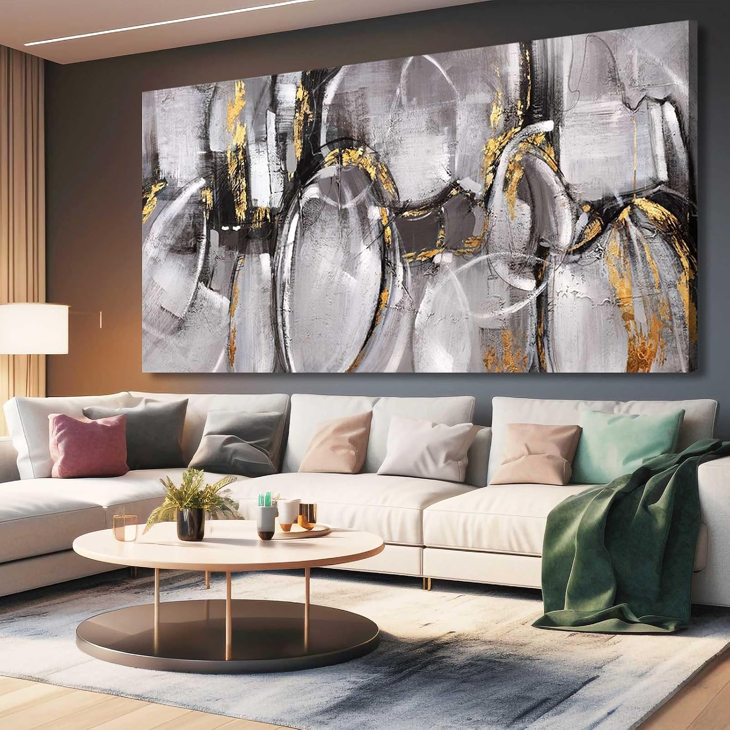 XIANSHOU Black and Grey Painting Pictures Abstract Wall Decor for Office 29'x 58' Modern Artwork Gold Foil Wall Art for Living Room Dining Room Bedroom