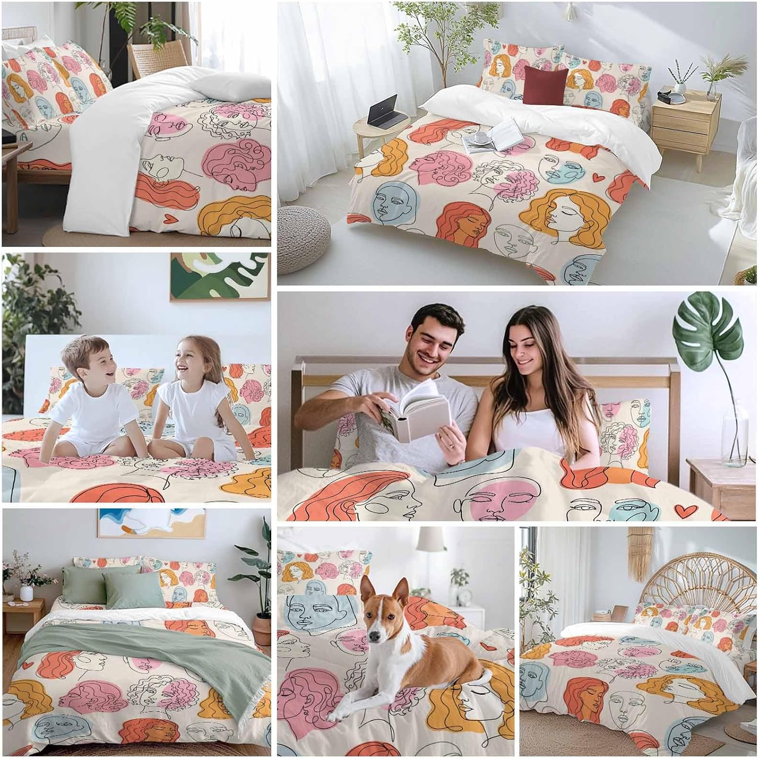Abstract Face Painting Duvet Cover Set Queen Size 4 Pieces Boho Pink Portraits Minimalist Line Bedding Set with Zipper Closure, 1 Comforter Cover 90x92 Inches 1 Flat Sheet & 2 Pillow Cases