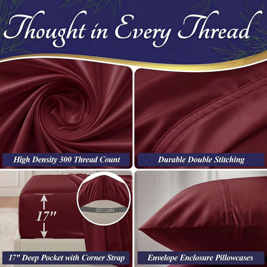 DECOLURE 100% Viscose Derived from Bamboo Sheets Queen Size - Luxury 4 Pc Naturally Cooling Sheets, Ultra Soft Bed Set - Deep 17' Pockets, Durable Double Stitching, Oeko Tex Standard (Burgundy)