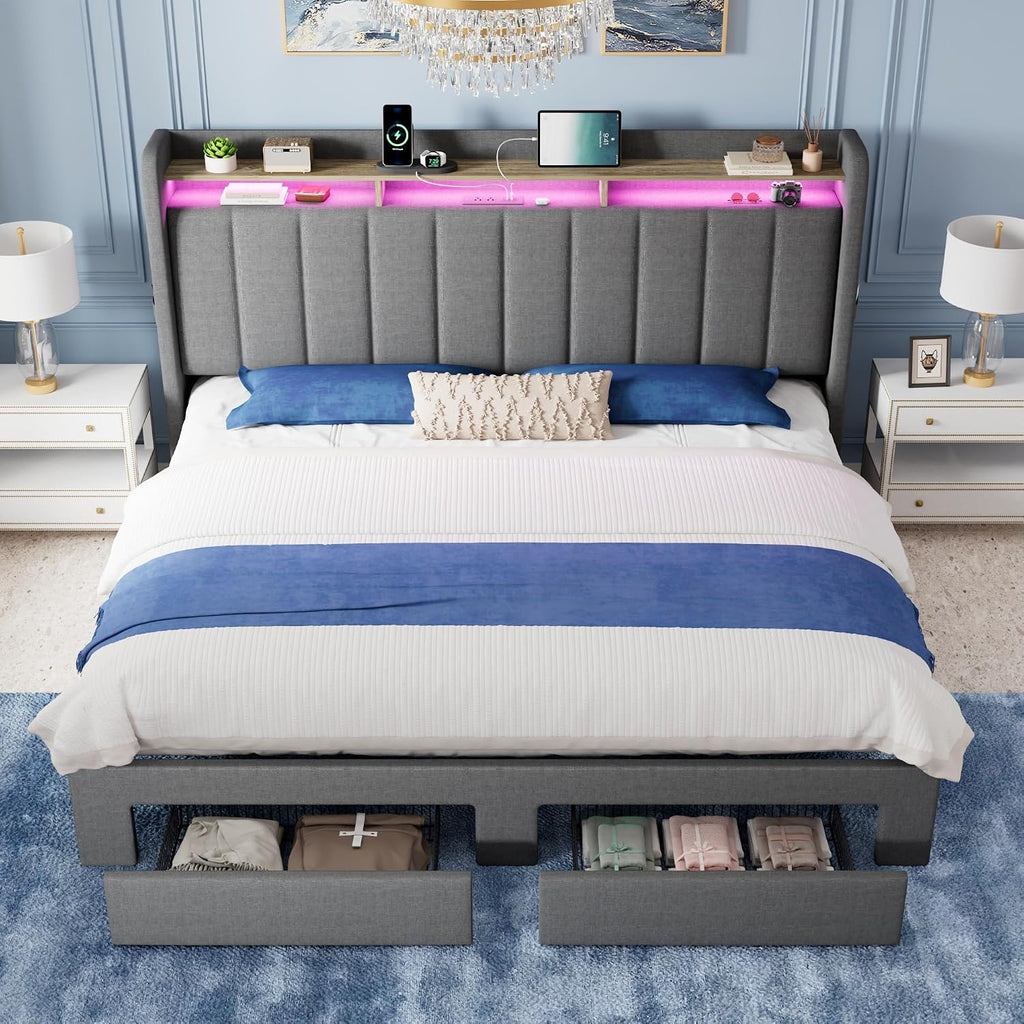 Allewie King Size Bed Frame with 2-Tier LED Storage Headboard, Upholstered King Platform Bed Frame with 2 Storage Drawers, USB & Type-C Charging Ports, Noise-Free/No Box Spring Needed, Dark Grey