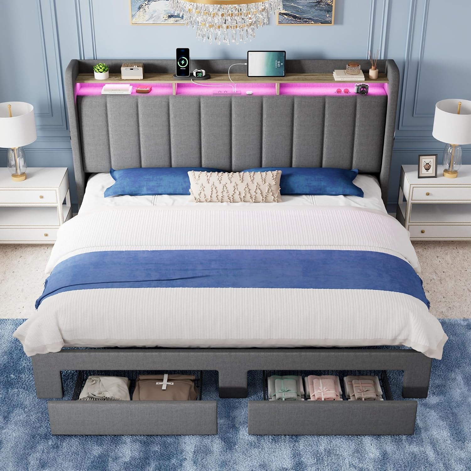 Allewie King Size Bed Frame with 2-Tier LED Storage Headboard, Upholstered King Platform Bed Frame with 2 Storage Drawers, USB & Type-C Charging Ports, Noise-Free/No Box Spring Needed, Dark Grey