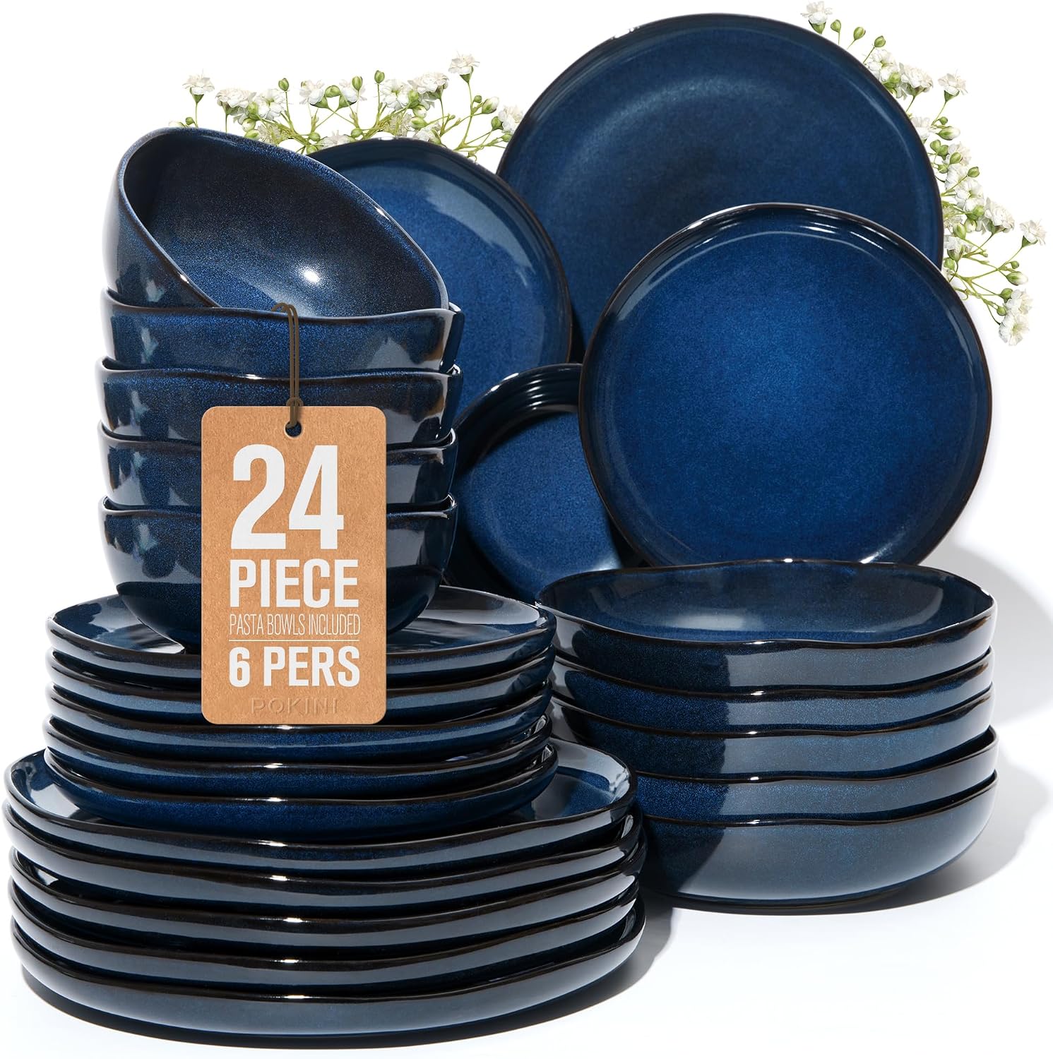 Pokini 24 Pieces Dinnerware Set for 6 with Pasta Bowls, Complete Ceramic Dish Set, Stackable & Glossy Stoneware Plate and Bowl Set for Effortless Everyday Hosting, Starry Blue