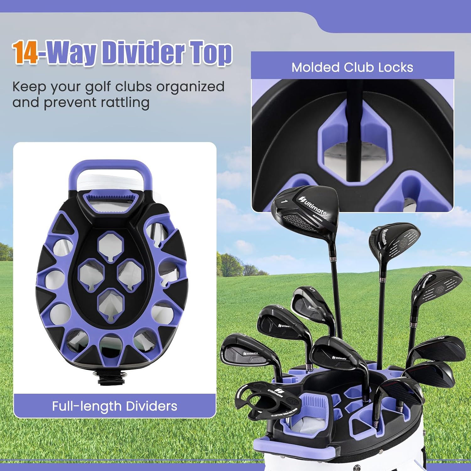 ULTIMATE 14-Way Golf Cart Bag, Golf Bag w/Molded Lock Top & Full Length Dividers, Portable Golf Club Bag w/11 Pockets, Cooler Bag, Padded Strap & Rain Hood for Men Women