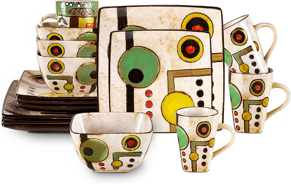 16pc Dinnerware Set, Stoneware Artisan Hand Painted Impressionism Pond, Reactive Glaze