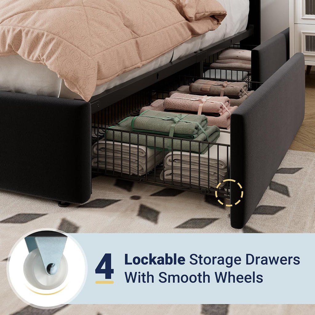 Allewie King Size Storage Bed Frame, Vertical Channel Tufted Adjustable Headboard, Velvet Upholstered Platform Bed with 4 Oversized Underbed Drawers, Wooden Slats Support, No Box Spring Needed, Black