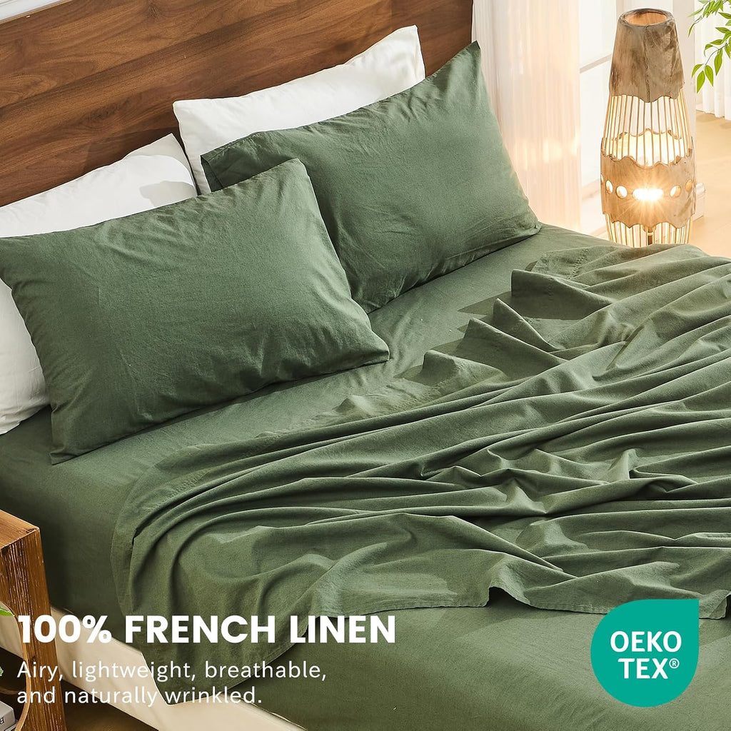 Bedlifes 100% French Flax Linen Sheets Set Queen Size - 6 Piece Extra Deep Pocket 18-24',Soft Breathable Queen Bed Sheets with Temperature Regulating & Moisture-Wicking(Forest Green