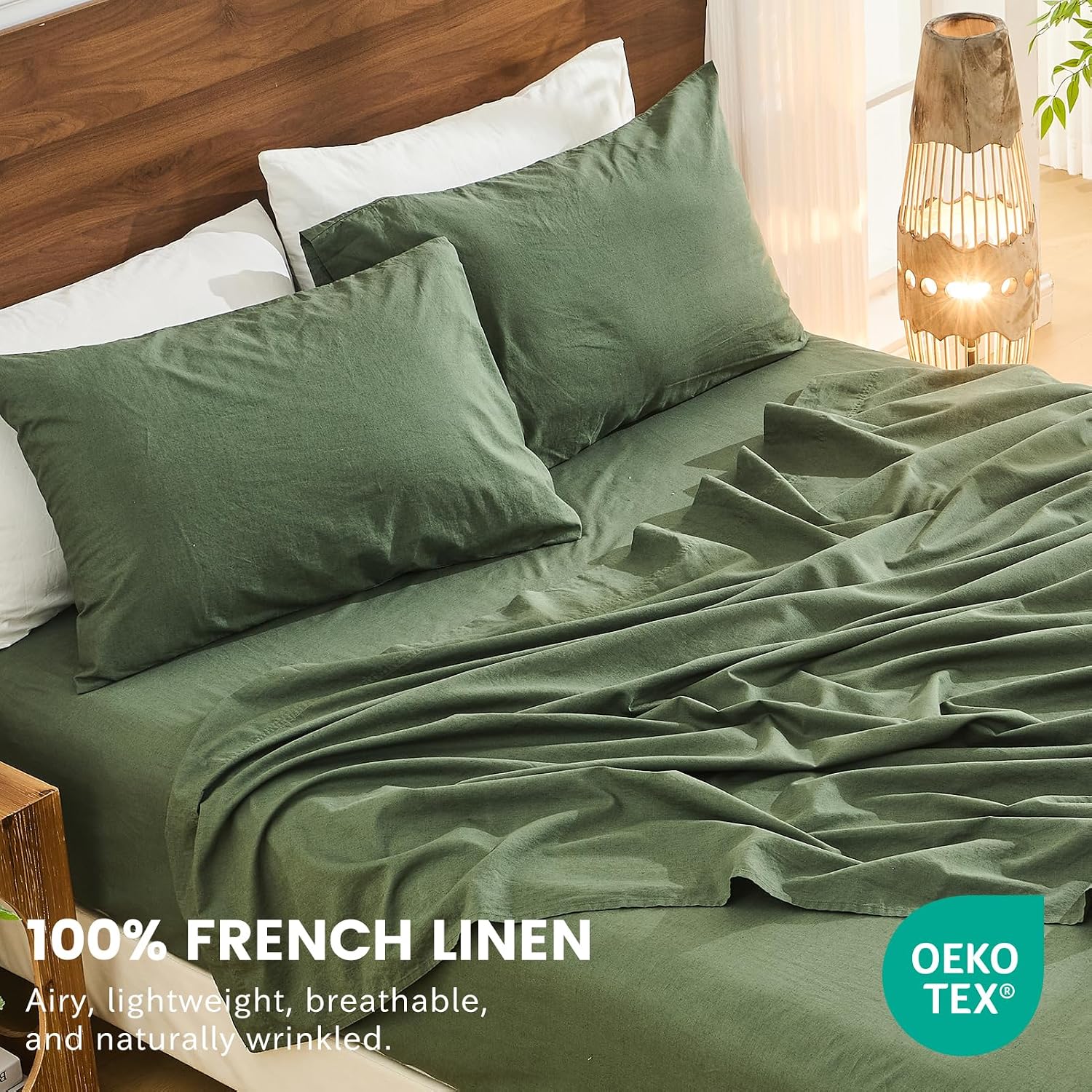 Bedlifes 100% French Flax Linen Sheets Set Queen Size - 6 Piece Extra Deep Pocket 18-24',Soft Breathable Queen Bed Sheets with Temperature Regulating & Moisture-Wicking(Forest Green