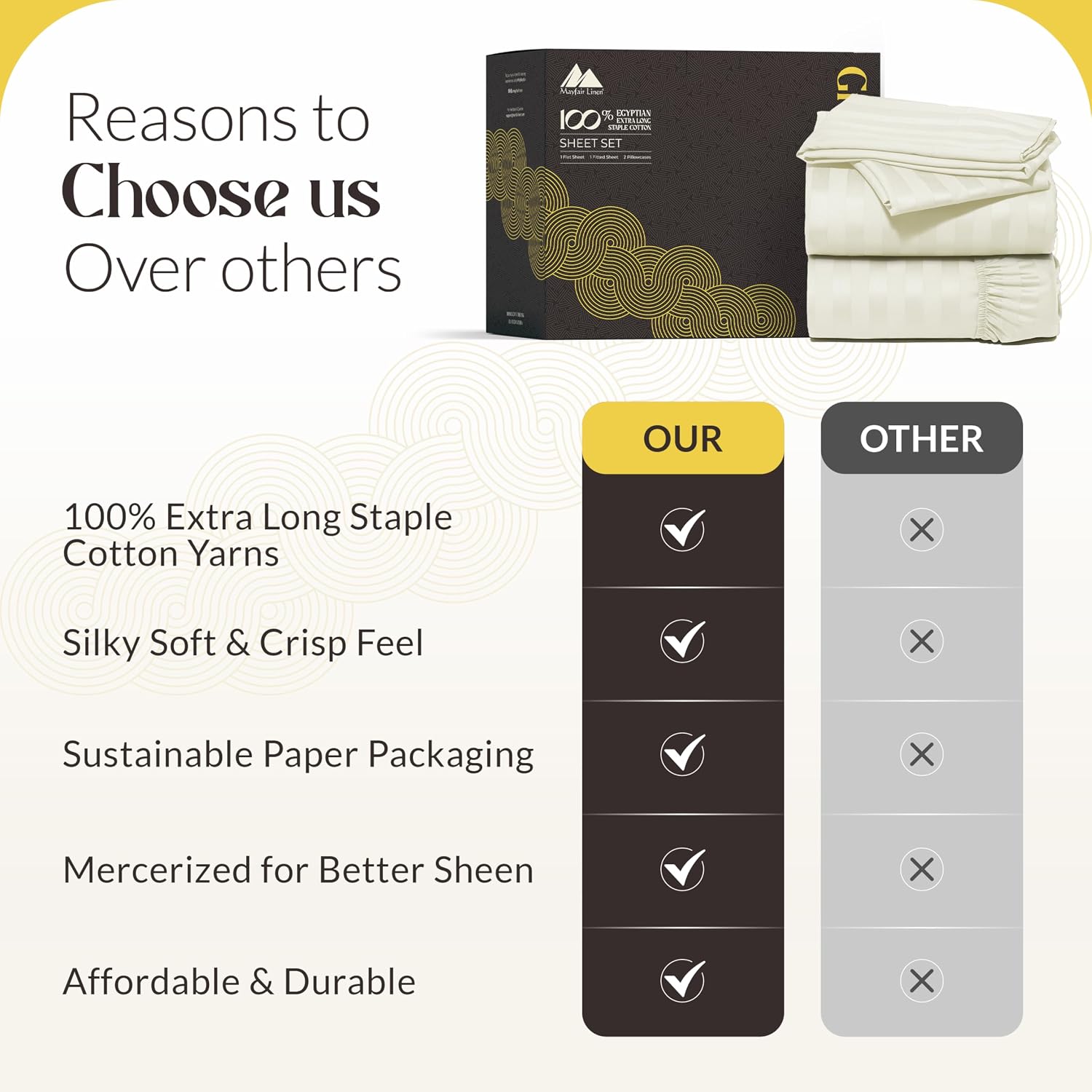 Mayfair Linen 100% Pure Egyptian Cotton Sheet King Size - Luxury 1000 Series Grandiose Collection Striped King Size Sheets Set (4 PC, Ivory - Stripe), 16' Deep Pocket Soft Cooling Hotel Bed Sheets Set