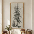 Large Framed Vertical Vintage Pine Tree Wall Art for Living Room, Neutral Sketch Rustic Classic Beige Canvas Artwork for Walls, Nordic Forest Farmhouse Wall Decor for Bedroom Hallway Office, 30x60 In
