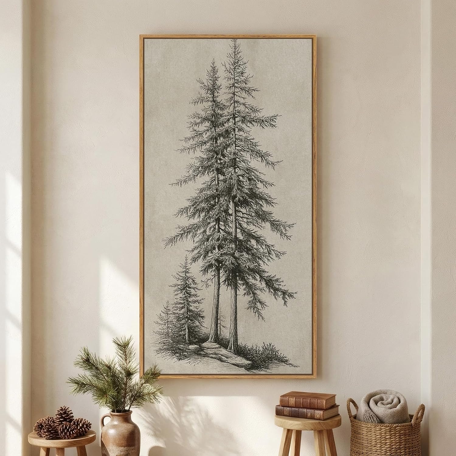 Large Framed Vertical Vintage Pine Tree Wall Art for Living Room, Neutral Sketch Rustic Classic Beige Canvas Artwork for Walls, Nordic Forest Farmhouse Wall Decor for Bedroom Hallway Office, 30x60 In