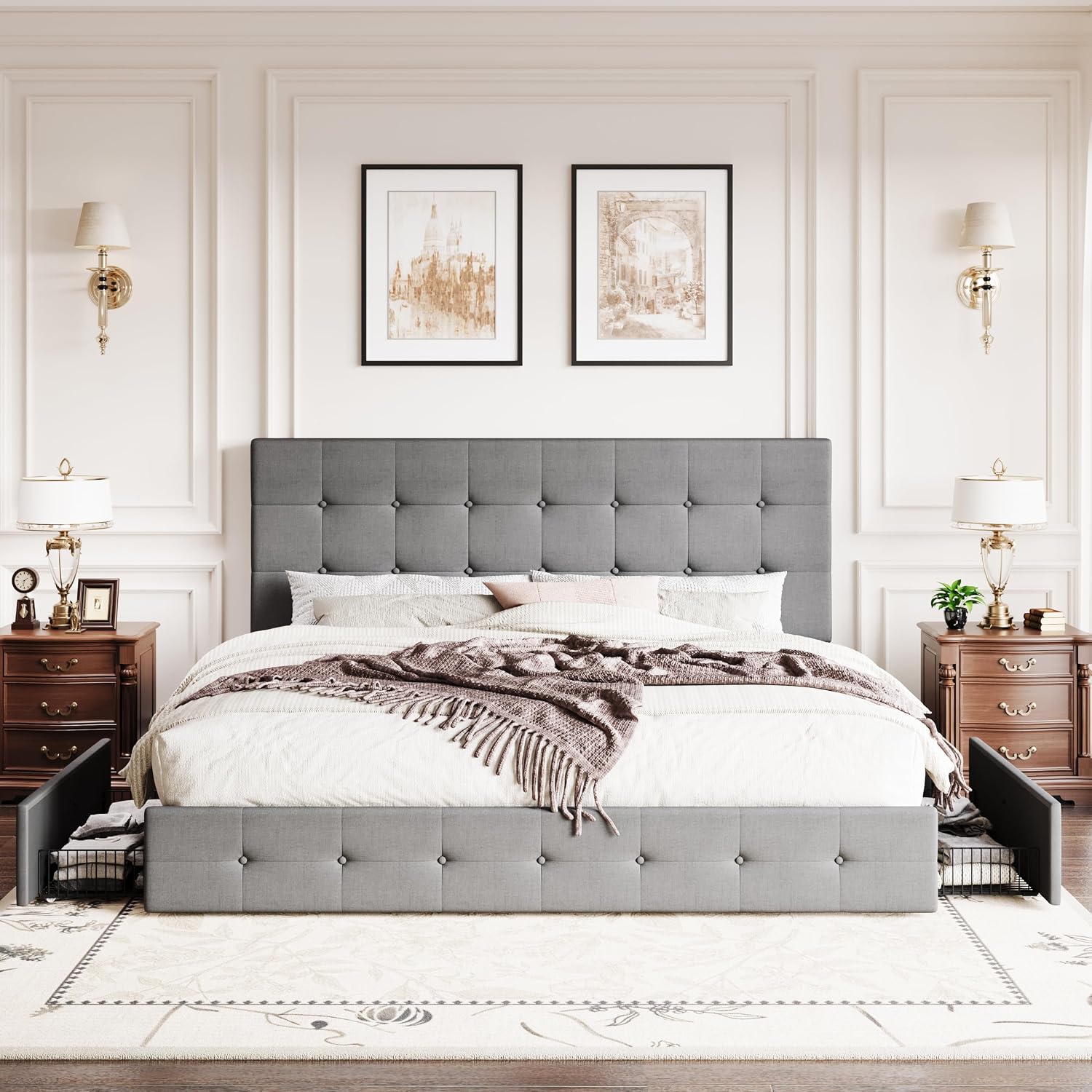 SHA CERLIN Upholstered King Size Platform Bed Frame with 4 Storage Drawers, Adjustable Headboard with Square Stitched Button Tufted Design, Wooden Slat Support, No Box Spring Needed, Light Grey