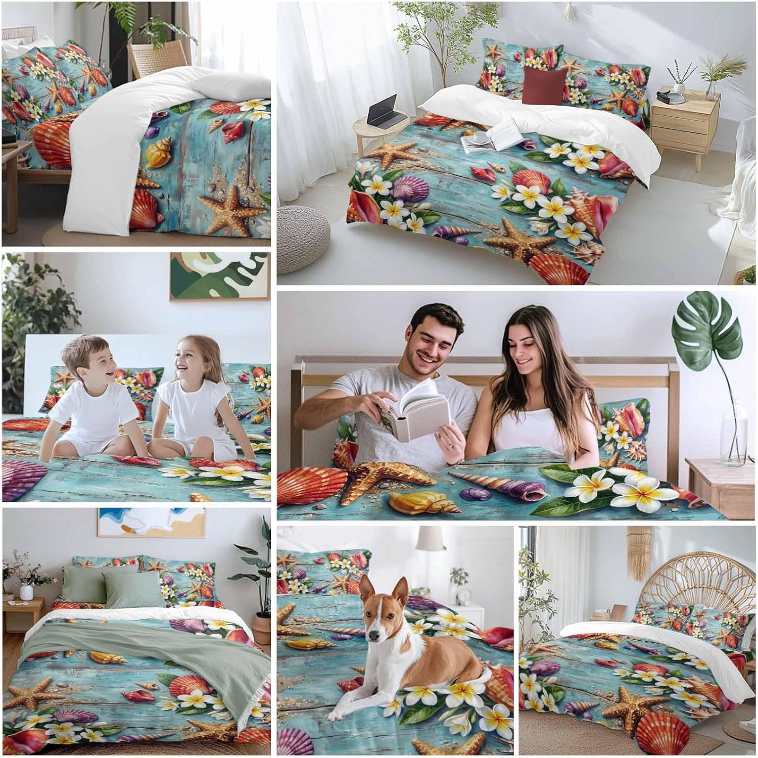 Ocean Beach Duvet Cover Set Queen Size 4 Pieces Summer Starfish Shell Flowers Leaf Blue Wooden Bedding Set with Zipper Closure, 1 Comforter Cover 86x86 Inches 1 Flat Sheet & 2 Pillow Cases