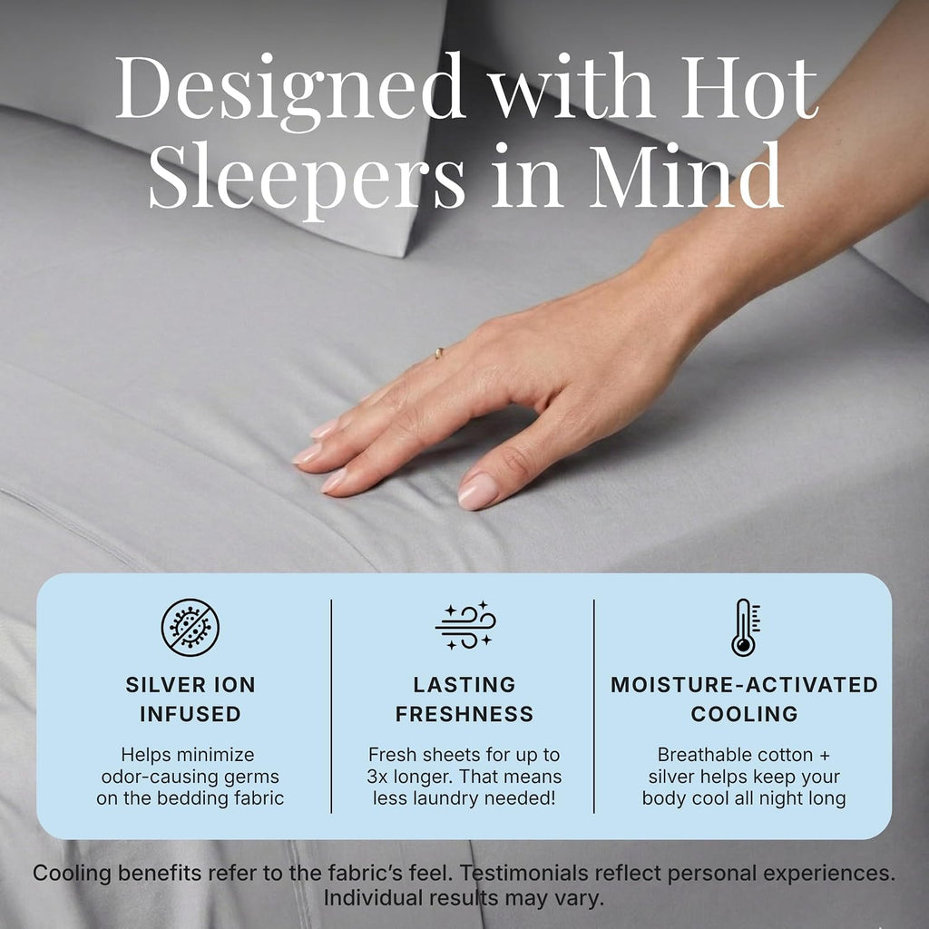 Miracle Made® Cotton Bed Sheets – 4 Piece Silver Infused, 300-Thread-Count Thermoregulating Miracle Clean & Cool ™ Sheet Set (Silver Grey, California King)