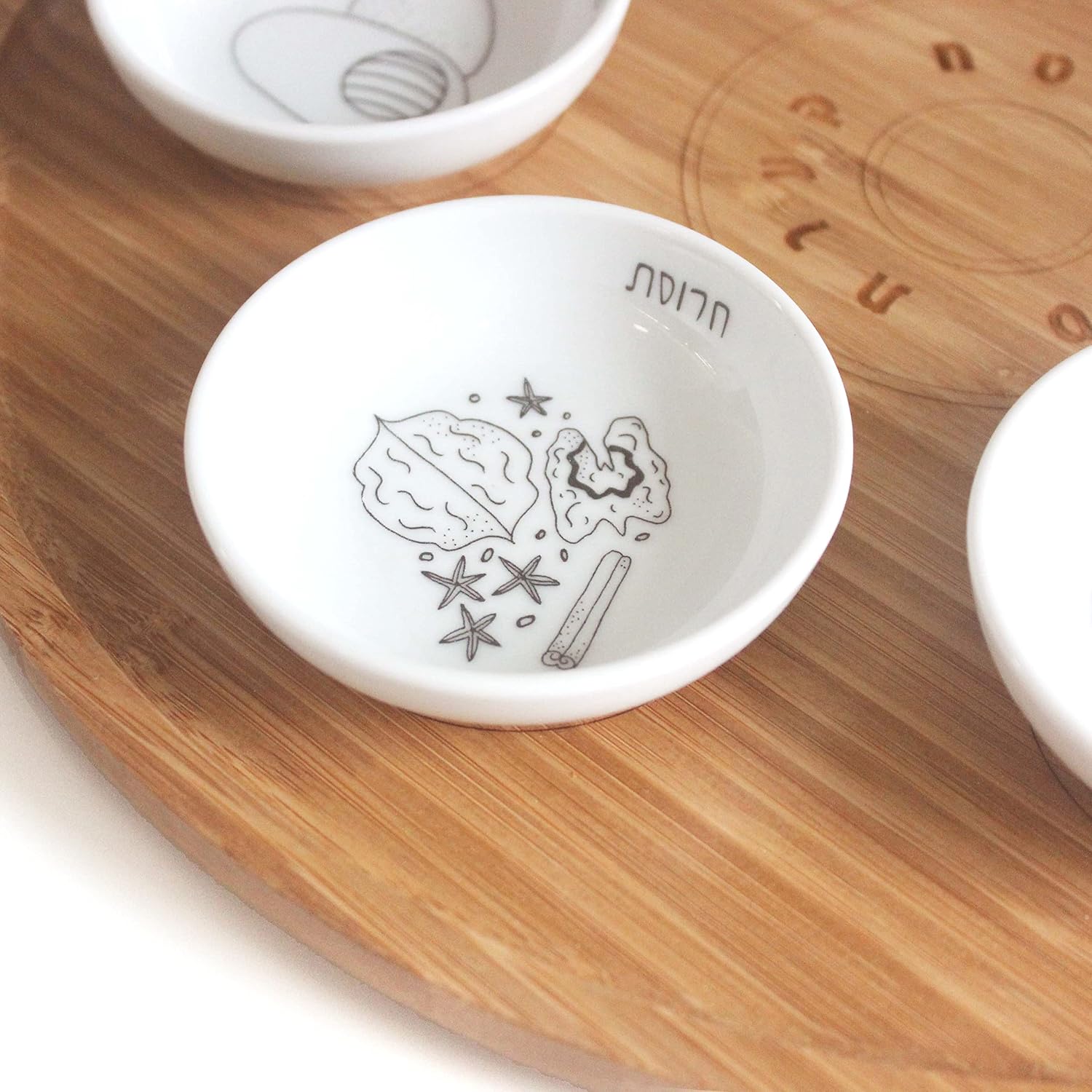 13' Large Size Handmade Passover Seder Plate with Six Black and White Ceramic Bowls, Passover Seder Plate Set, Hand Painted Illustrations, Decor Jewish Gift, Made in Israel by Mickala Design