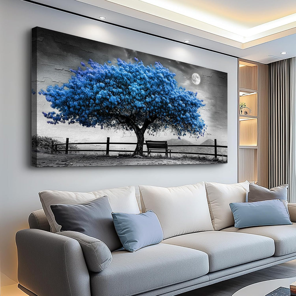 FUHAIHUA Canvas Wall Art For Living Room Large Wall Decor For Office Bedroom Decorations Black And White Landscape Pictures Blue Tree Painting Artwork Room Wall Mural Aesthetic Home Decor 30x60 In