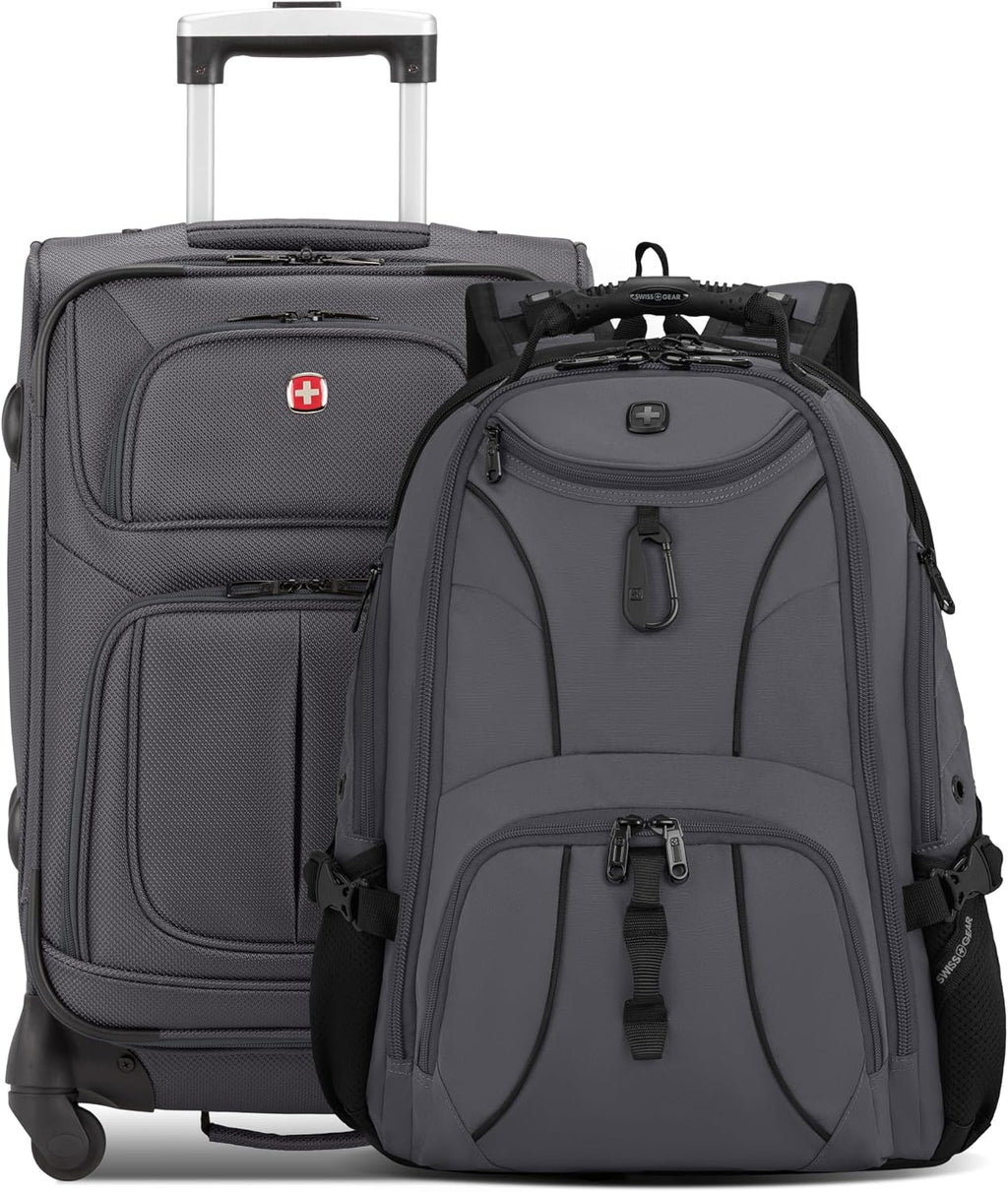 SWISSGEAR Sion 2-Piece Travel Set, Softside Expandable Carry-On Spinner Bundled with 1900 ScanSmart 17' Laptop Backpack with RFID Blocking & Tech Organization, Dark Grey