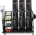Sttoraboks Golf Bags Storage Garage Organizer, Golf Bag Rack Fits 2/3 Golf Bags and Golf Equipment Accessories, Golf Club Storage Stand with Wooden Shelf and Lockable Wheels for Garage Indoor Basement