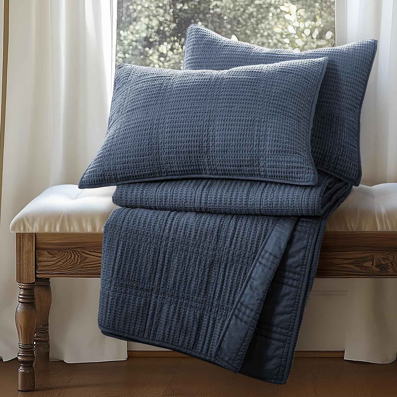 Levtex Home Cloud Waffle King/Cal King Quilt Set (106x92in) and 2 Pillow Shams (36x20in) - Box Quilted Waffle Cotton Texture - Navy - Cotton King Size Quilt Bedding Set - Lightweight Soft Pre-Washed