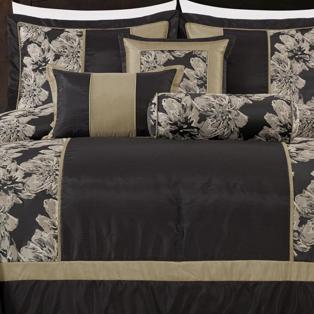 Chezmoi Collection Cameron Comforter Set Oversized King Size, 7-Piece Black Gold Hibiscus Floral Jacquard Bedding Set