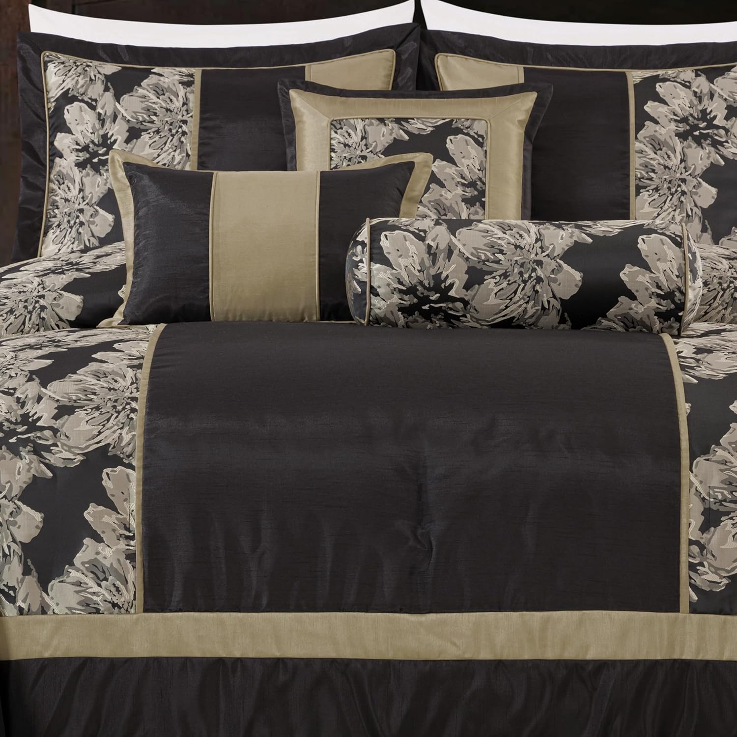 Chezmoi Collection Cameron Comforter Set Oversized King Size, 7-Piece Black Gold Hibiscus Floral Jacquard Bedding Set