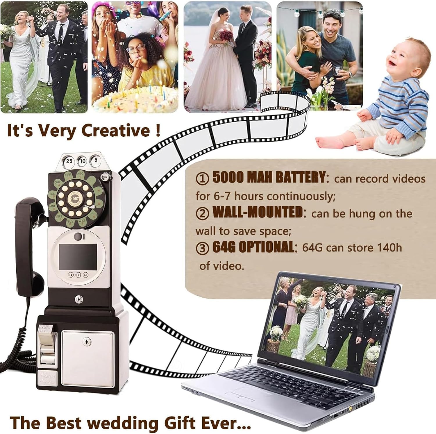 1080p Video Guestbook Wedding Phone, Video & Audio Guest Book, 64GB Large Memory, Clear Voice, Personalized Wedding Guestbook Decorations for a Variety of Memorable Party Occasions Bless,Red