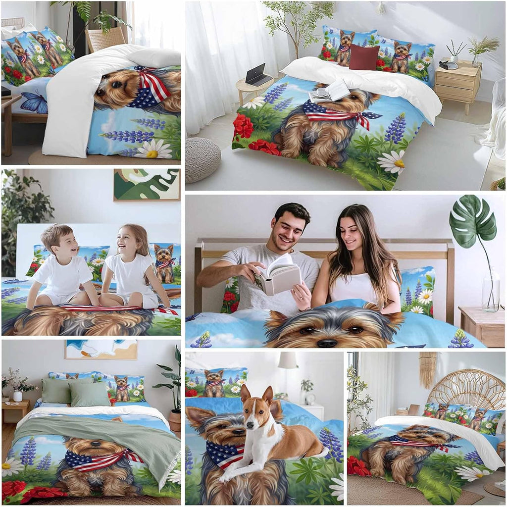 Independence Day Duvet Cover Set Queen Size 4 Pieces Watercolor U. S. Flag Cute Yorkshire Butterfly Bedding Set with Zipper Closure, 1 Comforter Cover 90x92 Inches 1 Flat Sheet & 2 Pillow Cases