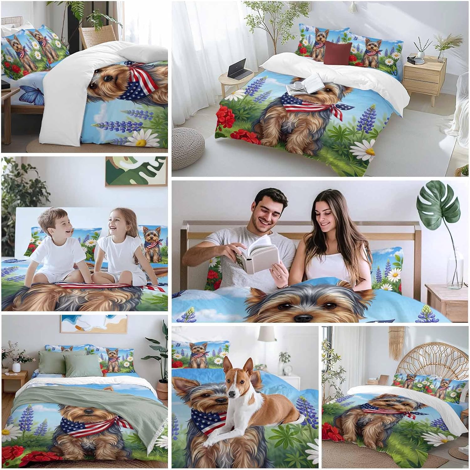Independence Day Duvet Cover Set Queen Size 4 Pieces Watercolor U. S. Flag Cute Yorkshire Butterfly Bedding Set with Zipper Closure, 1 Comforter Cover 90x92 Inches 1 Flat Sheet & 2 Pillow Cases