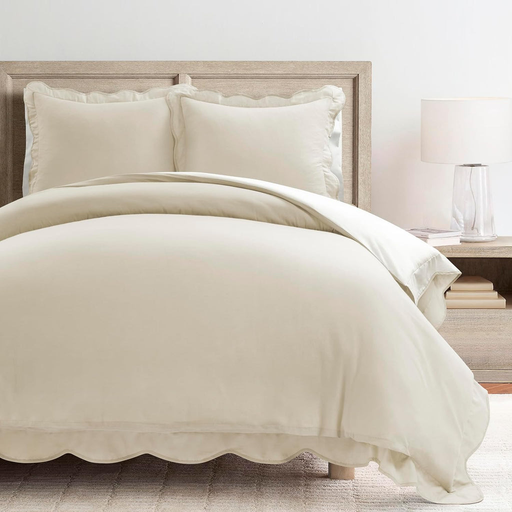 Lush Decor Coastal Chic Scalloped Edge Cotton Duvet Cover Set, 3 Piece Set, King, Neutral & White - King Bedding Set - White Duvet Cover King - Coastal Decor